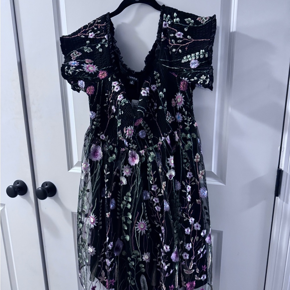 Smocked Bodice Off Shoulder Skater Dress- Black Lace